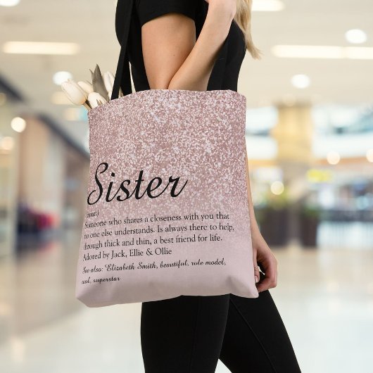 Sister Definition Script Roze Goud Glitter Tote Bag