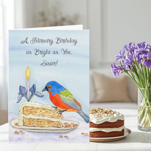 Sister Happy February Birthday Painted Bunting Kaart