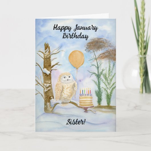 Sister Happy January Birthday Owl Cake Kaart (Voorkant)