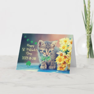 Sister-in-Law St. Patrick's Day Kitten w/ Daisies Kaart