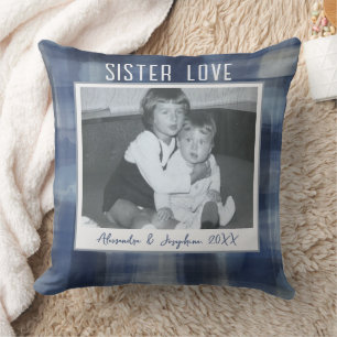Sister Love foto keepsake namen aangepaste blauwe Kussen