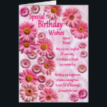 Sister Special Birthday Wishes Pink Daisies<br><div class="desc">Een mooie verjaardagskaart voor een zus. Een prachtige verjaardagskaart vol roze madeliefjes. Een mooi,  oprecht vers maakt het heerlijke gevoel compleet dat deze kaart met zich meebrengt. stuur oprechte verjaardagswensen naar iemand speciaal.</div>