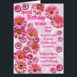 Sister Special Birthday Wishes Pink Daisies<br><div class="desc">Een mooie verjaardagskaart voor een zus. Een prachtige verjaardagskaart vol roze madeliefjes. Een mooi,  oprecht vers maakt het heerlijke gevoel compleet dat deze kaart met zich meebrengt. stuur oprechte verjaardagswensen naar iemand speciaal.</div>