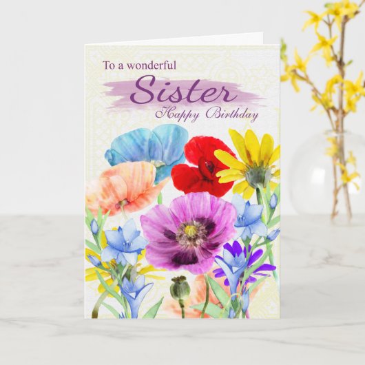 Sister Waterverf Wilde Bloemen Verjaardag Kaart (Gele Bloem)