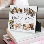 Sisterhood Script | Gift for Sisters Photo Collage Fotoplaat<br><div class="desc">Een speciaal en gedenkwaardig fotocollage cadeau voor zussen. Het ontwerp kenmerkt een acht-foto collage lay-out om acht van uw eigen speciale zusfoto's te tonen. De "Sisterhood" is ontworpen in een stijlvolle zwarte penseelscript en ontwerp-kalligrafie van het hart en is aangepast aan de namen van zussen. De witte harten worden toegevoegd...</div>