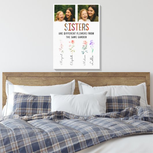 Sisters Are Different Flowers Custom Photo & Names Canvas Afdruk (Insitu (Slaapkamer))