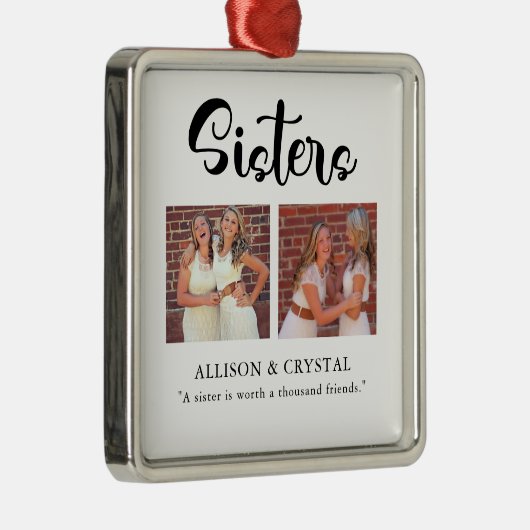 Sisters Calligrafie 2 Foto Collage Quote Sibling Metalen Ornament (Rechts)