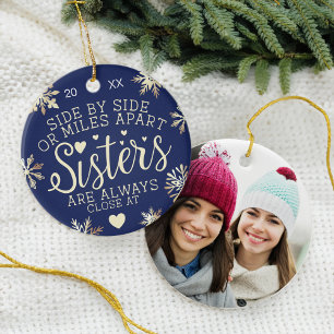 Sisters Connected At Heart Photo Keepsake Navy Keramisch Ornament