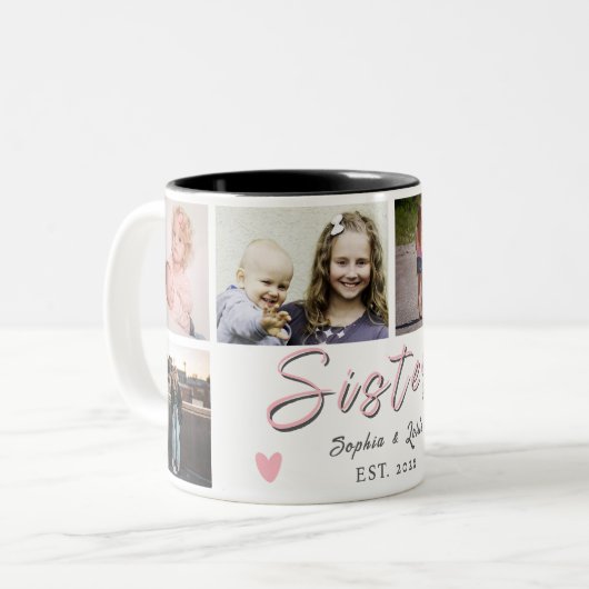 Sisters Forever – 6 Photo Custom Coffee Mug Tweekleurige Koffiemok (Voorkant links)