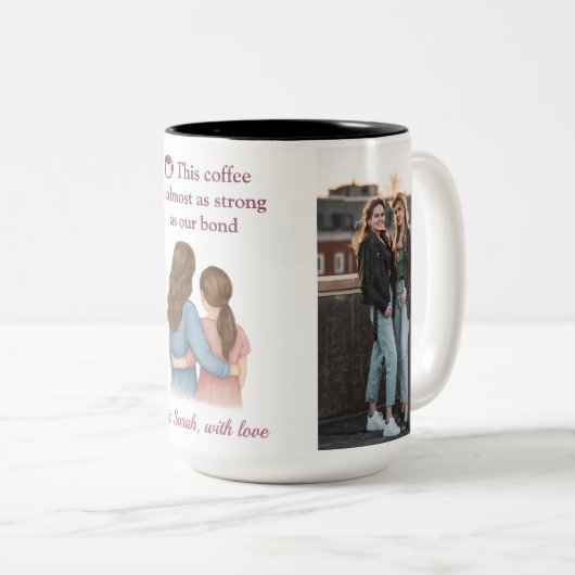 Sisters Forever – Custom Photo Collage Gift Tweekleurige Koffiemok (Voorkant rechts)