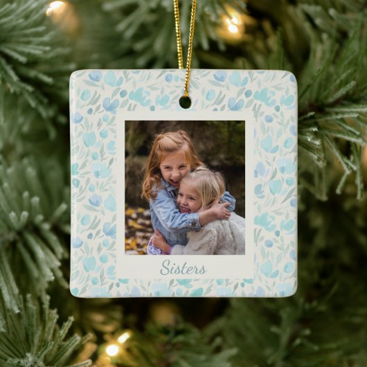 Sisters Foto Blue Waterverf Floral Gepersonaliseer Keramisch Ornament (Boom)