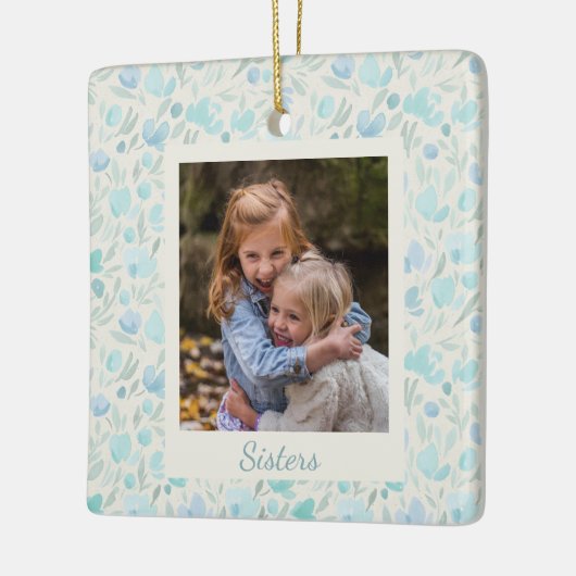 Sisters Foto Blue Waterverf Floral Gepersonaliseer Keramisch Ornament (Links)