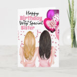 Sisters holding pink balloons confetti wishes kaart<br><div class="desc">A beautiful illustration of a woman with long blonde hair holding a bunch of vibrant pink, purple and fuchsia colored balloons sitting with her arm around her sister who has long dark colored hair. They are surrounded by soft pink confetti ribbons and glitter. The words, happy birthday to a very...</div>