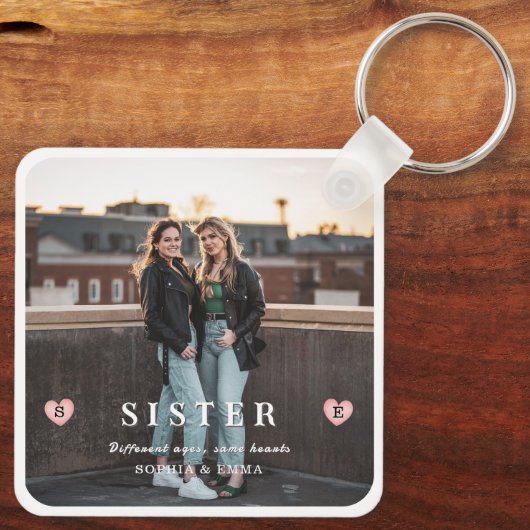 Sisters Photo Collage – Same Hearts Keychain (Achterkant)
