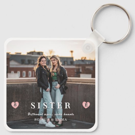 Sisters Photo Collage – Same Hearts Keychain (Achterkant)