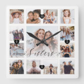 Sisters Script Family Memory Photo Grid Collage Vierkante Klok (Voorkant)