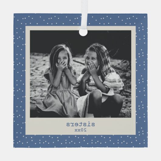 Sisters Simple Modern Blue Dots Customized Photo Glas Ornament (Achterkant)