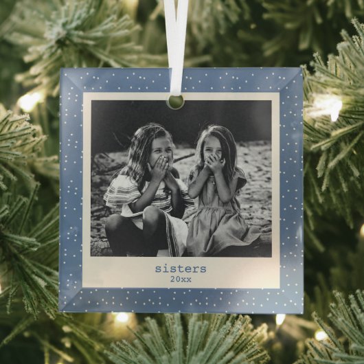 Sisters Simple Modern Blue Dots Customized Photo Glas Ornament (Insitu)