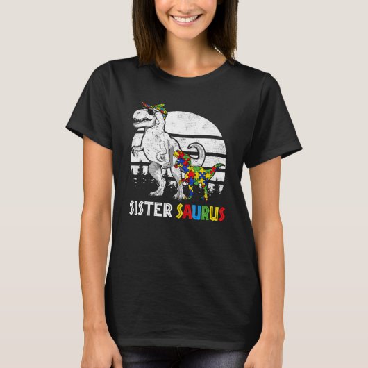 Sistersaurus Rex Dinosaurus Puzzel Blauw Autisme B T-shirt (Voorkant)
