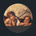 Sistine Madonna 2 Angels door Raphael Ronde Klok<br><div class="desc">Twee engeltjes rusten is het thema van dit schilderij van Raphael. Elke engel ziet er een kleine plank uit terwijl ze hun best doen om goed te zijn. Hier verbeterden we de kleuren om een oud klassiek leven te inblazen.</div>