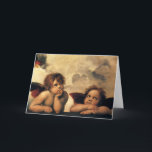 Sistine Madonna Angels door Raphael Sanzio Feestdagen Kaart<br><div class="desc">Sistine Madonna (detail) (c. 1512-1514). Artiest: Raphael Sanzio (1483-1520) of gewoon Raphael of Raffaello. Sistine Madonna (detail) is een  schilderij van Renaissance met een fijne kunstschilderij met twee engelen die naar boven kijken naar de wolken en de hemelen.</div>