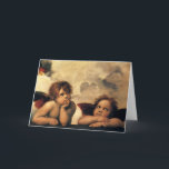 Sistine Madonna Angels door Raphael Sanzio Feestdagen Kaart<br><div class="desc">Sistine Madonna (detail) (c. 1512-1514). Artiest: Raphael Sanzio (1483-1520) of gewoon Raphael of Raffaello. Sistine Madonna (detail) is een  schilderij van Renaissance met een fijne kunstschilderij met twee engelen die naar boven kijken naar de wolken en de hemelen.</div>