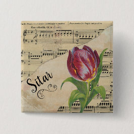 Sitar Elegant Tulip vel Music Vierkante Button 5,1 Cm
