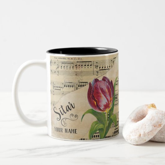 Sitar Tulip  — Datablad Muziek Gepersonaliseerd Tweekleurige Koffiemok (Met donut)
