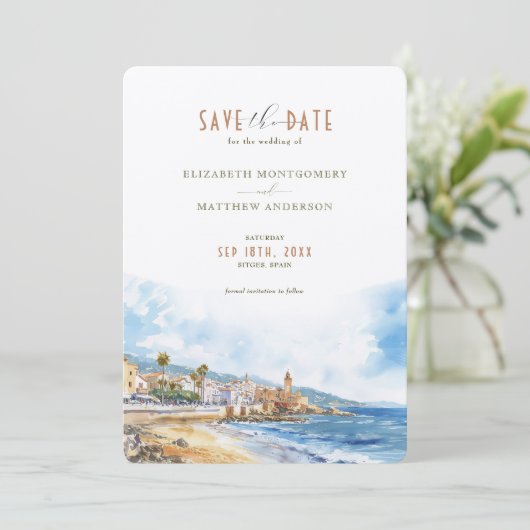 Sitges Beach Spanje Reizen Save-the-Date Kaart (Staand voorkant)