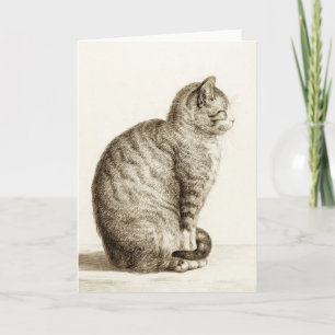 Sitting cat vintage sepia pencil drawing kaart