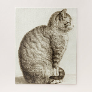Sitting cat vintage sepia pencil drawing legpuzzel