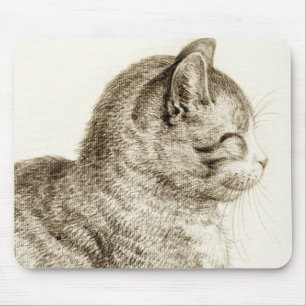 Sitting cat vintage sepia pencil drawing muismat