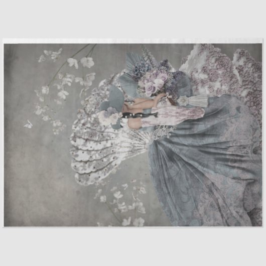 Sitting  Elegant Woman Portret Floral Fan Tissuepapier (Voorkant)