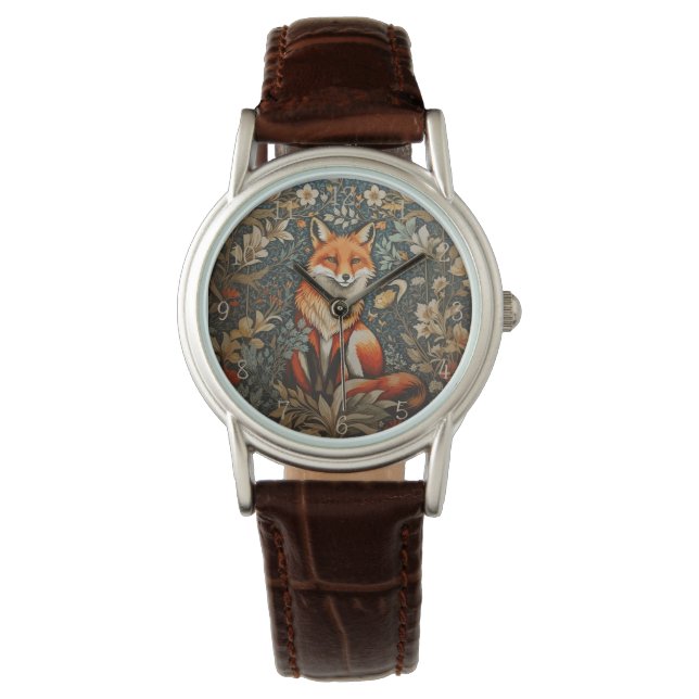 Sitting Fox William Morris geïnspireerd Floral Horloge (Voorkant)