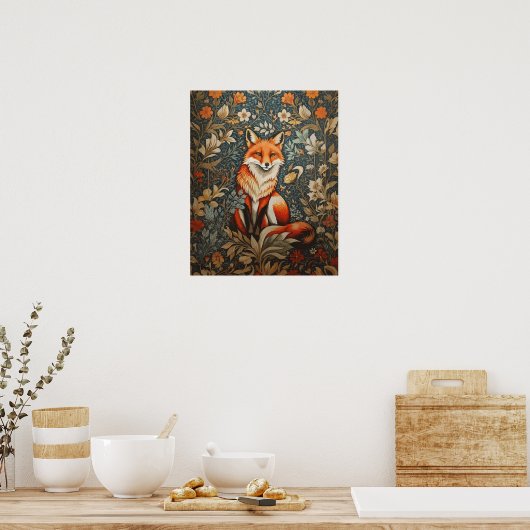 Sitting Fox William Morris geïnspireerd Floral Poster (Keuken)