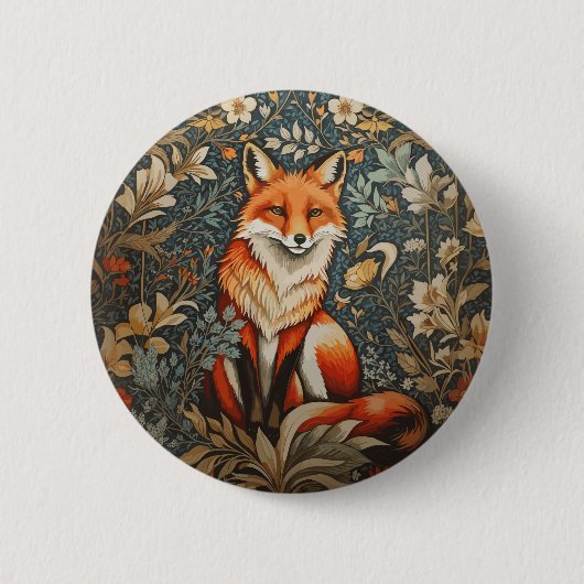 Sitting Fox William Morris geïnspireerd Floral Ronde Button 5,7 Cm (Voorkant)