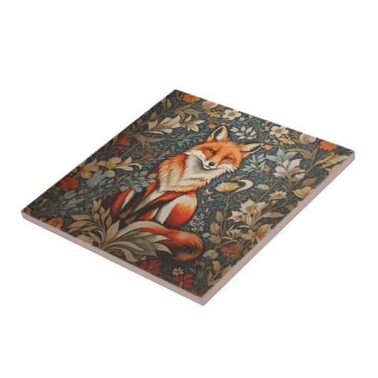 Sitting Fox William Morris geïnspireerd Floral Tegeltje (Zijkant)