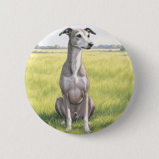 Sitting Greyhound Waterverf Button Pin (Voorkant)