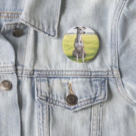 Sitting Greyhound Waterverf Button Pin (In situ)