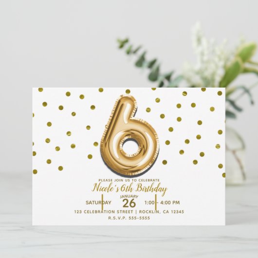 SIX 6 Gouden Ballon & Confetti 6e Verjaardagsfeest Kaart (Staand voorkant)
