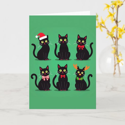 Six Black Cats Christmas Kaart Holiday Funny Pet (Gele Bloem)