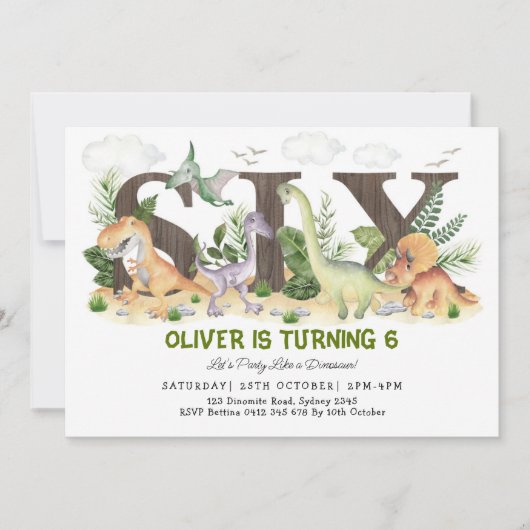 SIX | Boy Dinosaurs 6th Birthday Party Invitation Kaart (Voorkant)