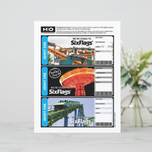 Six Flags nepkaartje voor reizen en evenementen (Staand voorkant)