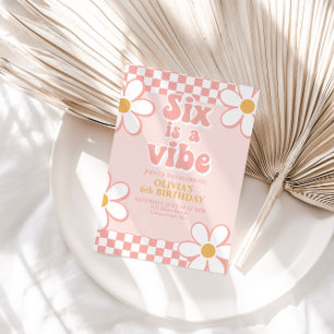 Six is a Vibe Retro Check Roze Madeliefje Kaart