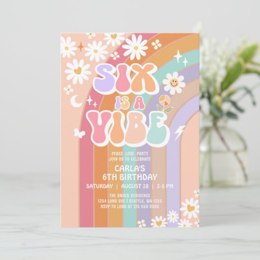 SIX is een Vibe Daisy Rainbow Groovy 6e verjaardag Kaart (Staand voorkant)