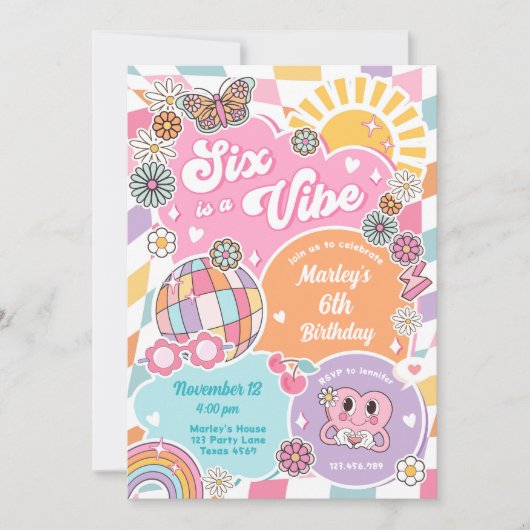 Six is een Vibe Retro Groovy Preppy Varsity Verjaa Kaart (Voorkant)