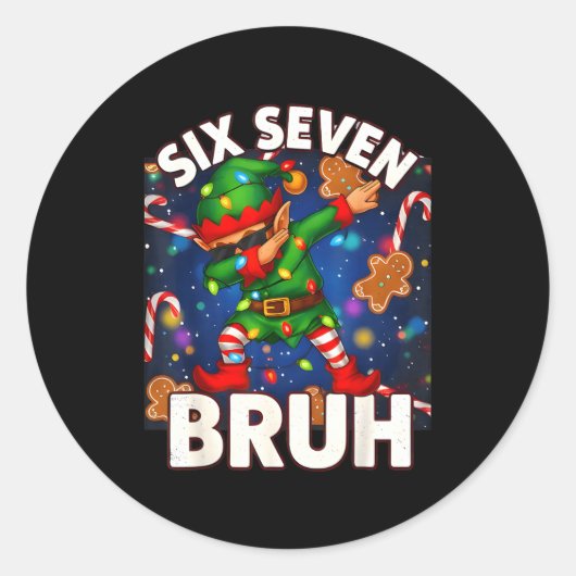 Six Seven 6 7 Funny Bruh Christmas Dabbing Elf Mat Ronde Sticker (Voorkant)