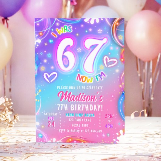 Six Seven 6 7 Neon Glow Retro Groovy Girl Birthday Kaart