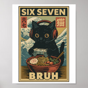 Six Seven Bruh Vintage Kat Meme Cadeau voor Mannen Poster