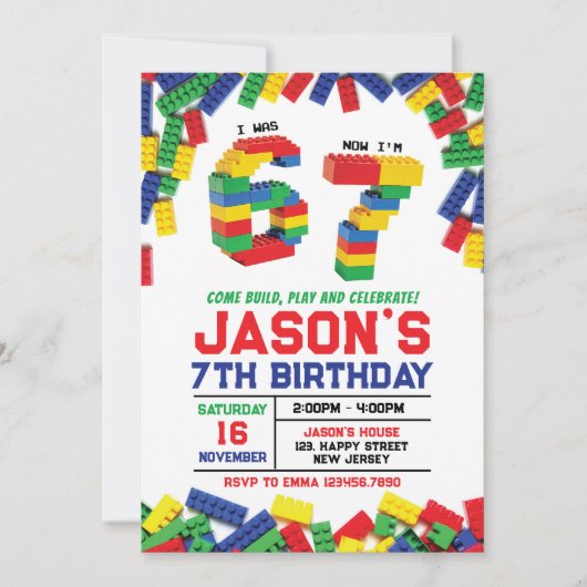 Six Seven Building Blocks Birthday Invitation Kaart (Voorkant)